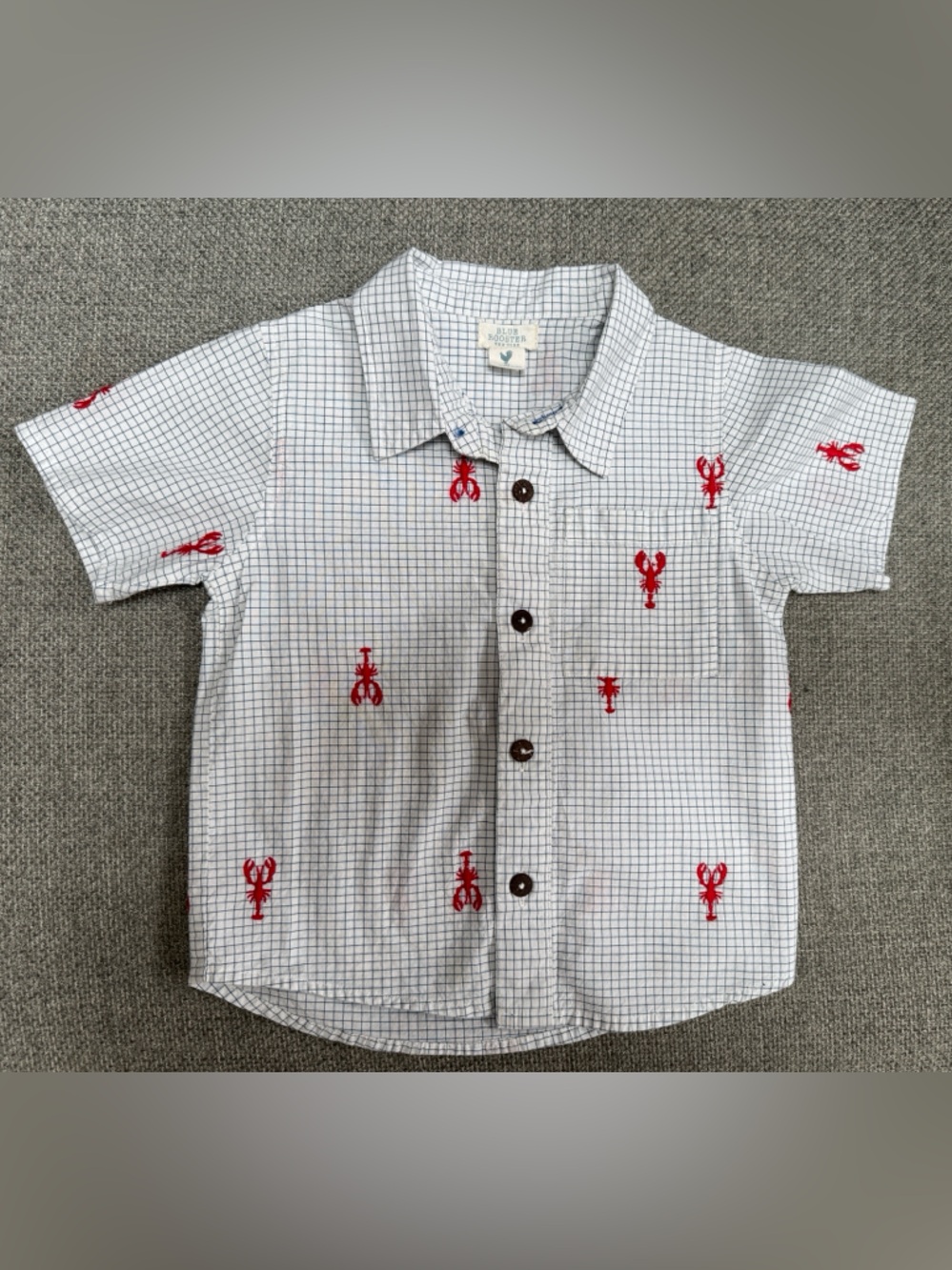 Pink Chicken/Blue Rooster- Light  Blue Grid Shirt with Red Lobster Embroidery